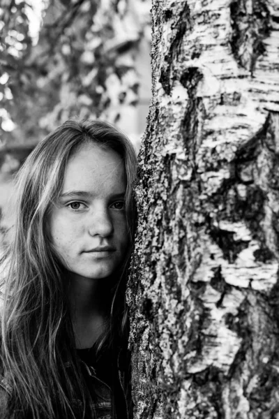 Menina Bonita Floresta Bétulas Foto Preto Branco — Fotografia de Stock