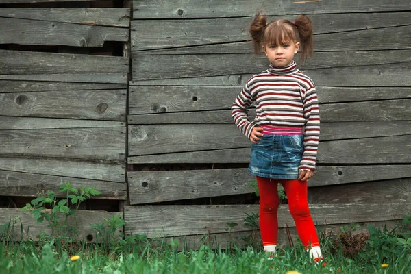 Little Cute Girl Posing Camera Outdoor Village — Stock Photo, Image
