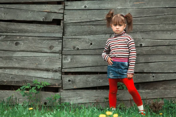 Cute Five Year Girl Posing Camera Outdoor Wooden Wall Village — Stock Photo, Image