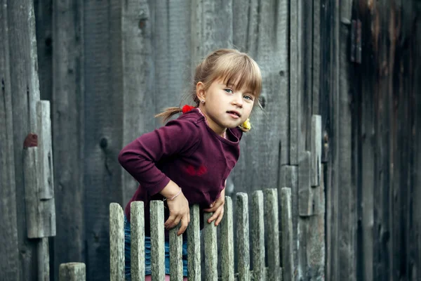 Klein Schattig Grappig Meisje Buurt Vintage Landelijke Hek — Stockfoto