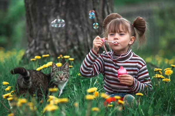 Klein Meisje Spelen Met Een Kat Het Groene Gras — Stockfoto