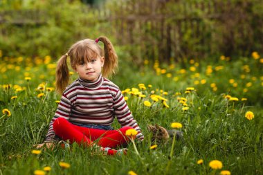 Küçük tatlı bir kız çayırda otururken eğleniyor..