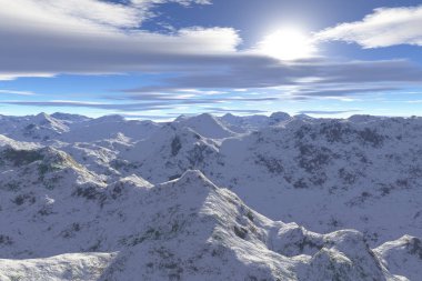 Karlı bir dağ resmi yatay, 3d dijital illüstrasyon render