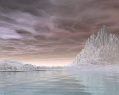 Donmuş kış manzara resmi kaplı kar ve buz, 3d dijital olarak işlenmiş illüstrasyon