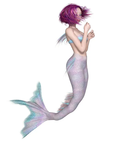 Ilustración Fantasía Una Bonita Sirena Pelo Púrpura Con Escamas Pescado — Foto de Stock