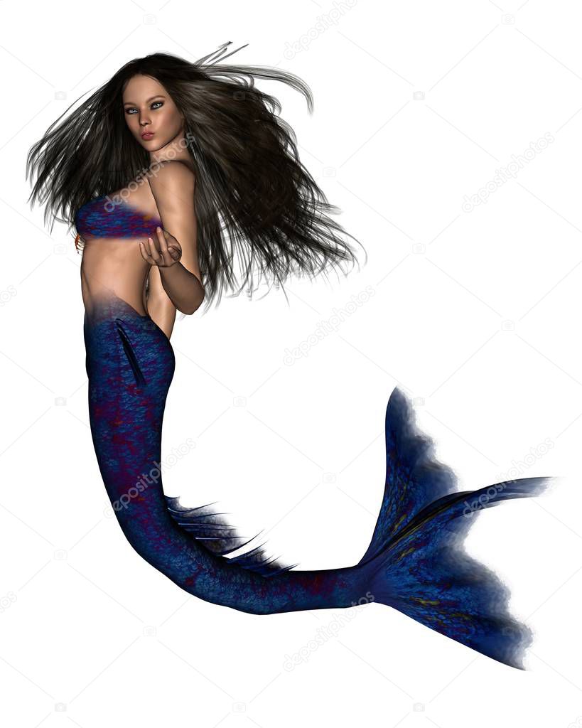 Fantasy illustration of a beautiful dark haired mermaid, 3d digitally rendered illustration