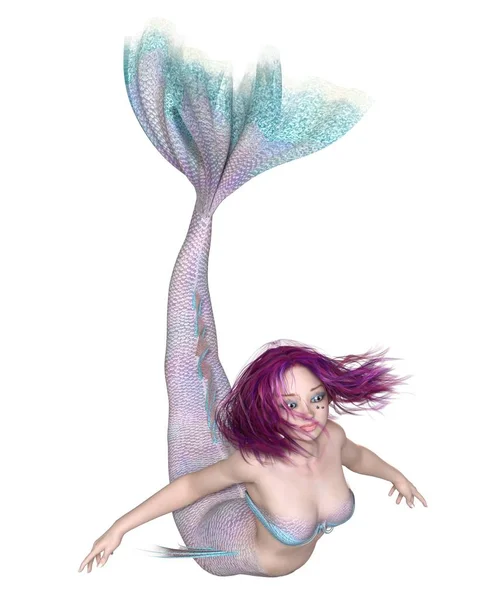 Fantasy illustration of a pretty purple haired mermaid with pink and blue fish scales swimming forwards, 3d digitally rendered illustration