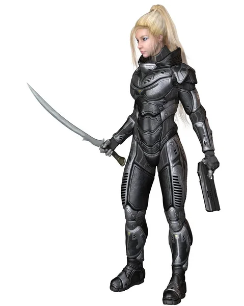 Science Fiction Illustration Blondine Kvindelige Fremtidige Soldat Beskyttende Pansrede Rumdragt - Stock-foto