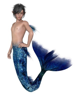 Fantasy illustration of a young dark haired merman with dark blue fish scales, 3d digitally rendered illustration clipart