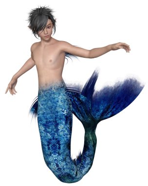 Fantasy illustration of a young dark haired merman with dark blue fish scales swimming, 3d digitally rendered illustration clipart
