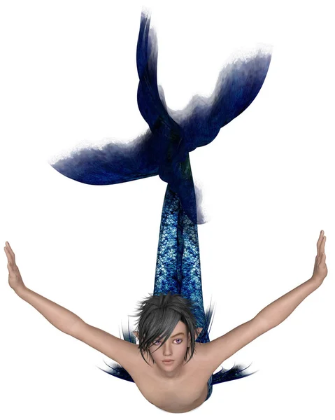 Fantasy Illustration Young Dark Haired Merman Dark Blue Fish Scales — Stock Photo, Image