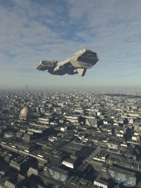 Gün ışığı, 3d gelecekteki bir şehirde dijital olarak uçuyor bir uzay bilim kurgu illüstrasyon resimde işlenen
