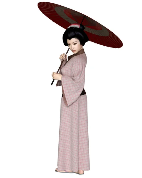 Junge Japanerin Trägt Einen Rosa Karierten Kimono Und Hält Einen — Stockfoto