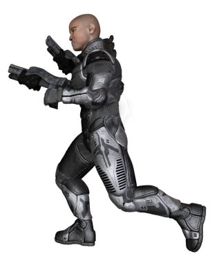 Koruyucu zırhlı uzay giysisi siyah bir erkek gelecekteki askeri bilim kurgu çizimi, holding tabanca, 3d dijital olarak çalışan resimde işlenen