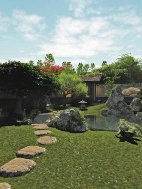 Çay evi ve koi pond, 3d dijital olarak işlenmiş illüstrasyon ile Japon geleneksel Bahçe