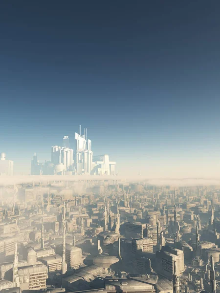 Научно Фантастическая Иллюстрация Огромного Здания Над Облаками Будущем Городе Трехмерная — стоковое фото