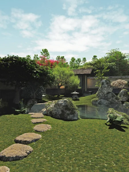 Jardín Tradicional Japonés Con Casa Estanque Koi Ilustración Digitalmente —  Fotos de Stock