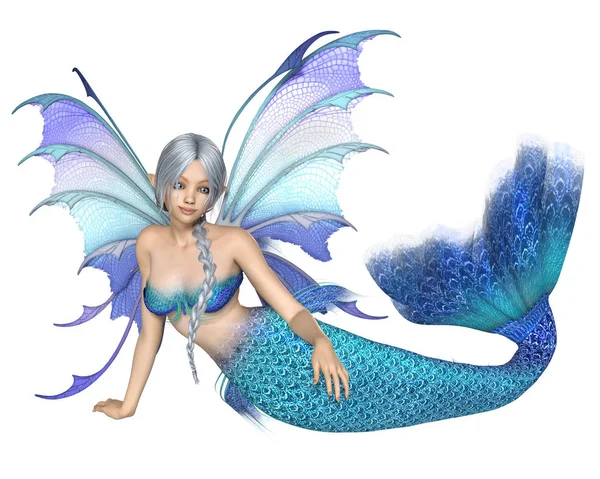 Fantasie Illustration Einer Liegenden Silberhaarigen Meerjungfrau Fee Mit Leuchtend Blauem — Stockfoto