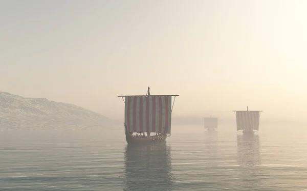 Viking Longships Approaching Fog Calm Sea Digitally Rendered Illustration — Stock Photo, Image