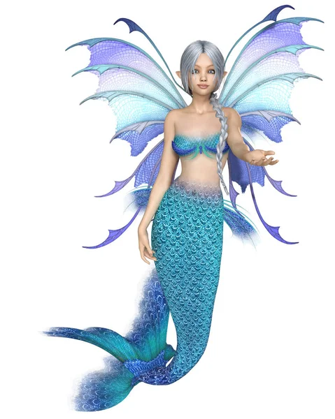 Bright Blue Mermaid Fairy Beckoning Fantasy Illustration Silver Haired Mermaid — Stock Photo, Image