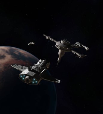 Uzay gemileri bir uzay istasyonu Dock yukarıda an Alien Planet - bilim kurgu illüstrasyon yaklaşıyor