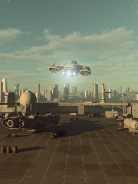 Uzay gemisi alarak kapalı bir gelecek şehir Uzayalanı - bilim kurgu illüstrasyon üzerinden