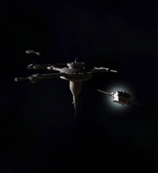 宇宙飞船离开太空站在深空间 数字渲染科幻例证 — 图库照片