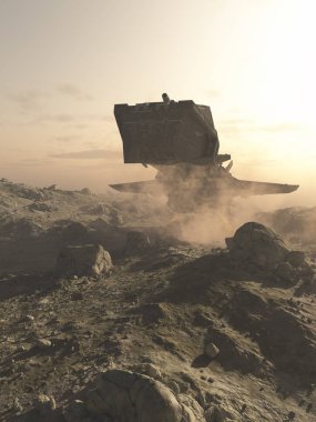 Tozlu bir iniş kayalık çöl gezegeni üzerinde dijital olarak 3d yapım bir uzay bilim kurgu çizimi çizim render