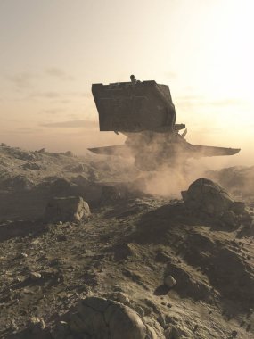 Science fiction illustration of a spaceship making a dusty landing on a rocky desert planet, 3d digitally rendered illustration clipart