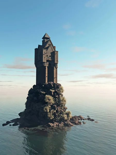 Ilustração Fantasia Antigo Castelo Torre Estilo Escocês Medieval Uma Ilha — Fotografia de Stock