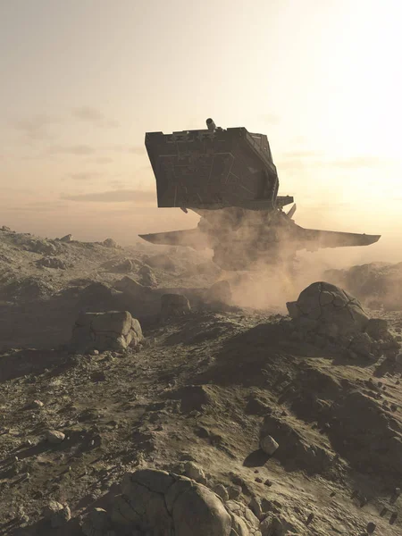 ほこりの多い砂漠の惑星着陸をデジタル 作る宇宙船の空想科学小説イラスト描画図 — ストック写真