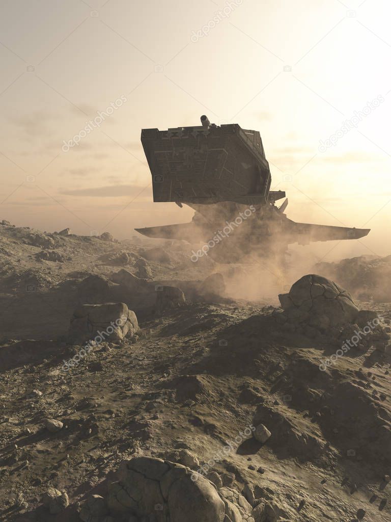 Science fiction illustration of a spaceship making a dusty landing on a rocky desert planet, 3d digitally rendered illustration