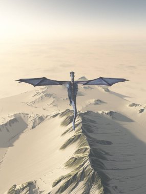Fantezi illüstrasyon karla kaplı kış dağlardan, 3d dijital olarak uçan bir mavi ejderha çizim render
