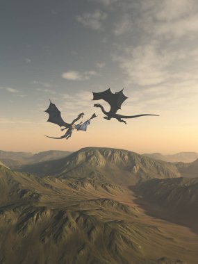 Birlikte bir dağ peyzaj üzerinde 3d dijital olarak uçan iki dost ejderha arkadaşı Illustration fantezi illüstrasyon render