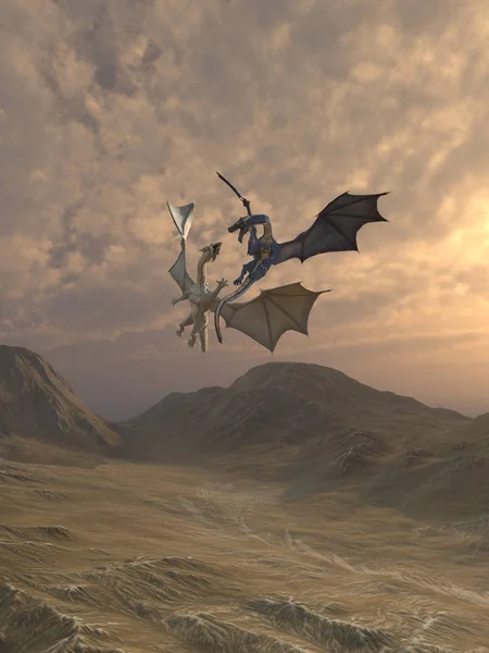 Fantasía Ilustración Dos Dragones Agresivos Luchando Cielo Nublado Sobre Paisaje — Foto de Stock