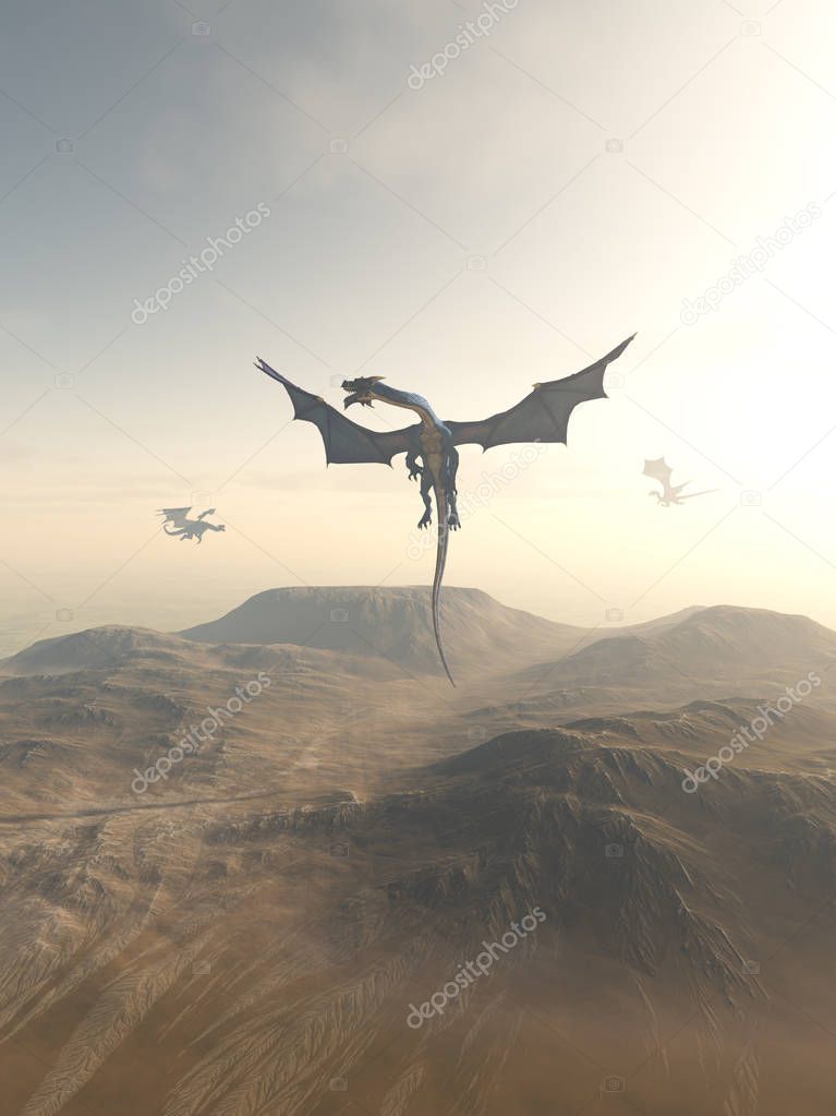Fantasy illustration of a group of dragons circling together over a mountain landscape, 3d digitally rendered illustration