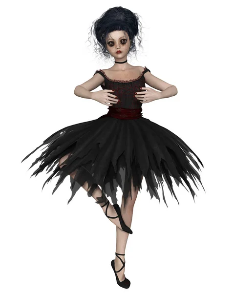 幻想插图的一个小哥特式芭蕾舞演员与大眼睛 穿着黑色和红色的 Tutu 表演海盗 数字渲染插图 — 图库照片