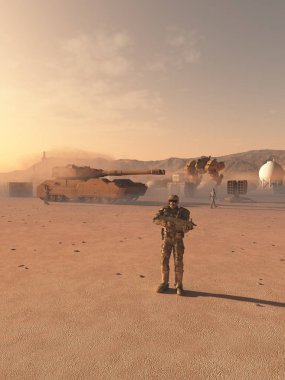 Gelecekteki space Marine yabancı bir çöl gezegende bir ileri karakol kampında bir grup bilim kurgu çizimi 3d dijital olarak işlenmiş illüstrasyon