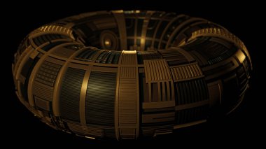 Siyah ve altın kazınmış metal torus bilim kurgu illüstrasyon, 3d dijital olarak işlenmiş illüstrasyon
