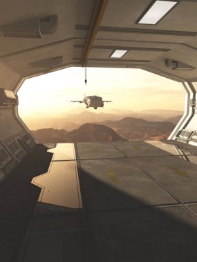 Bir uzay gemisi üzerinde bir baz istasyonu hangar bir gezegende Mars gibi kırmızı çöl, 3d dijital olarak açılış gösterimi bilim kurgu resimde işlenen