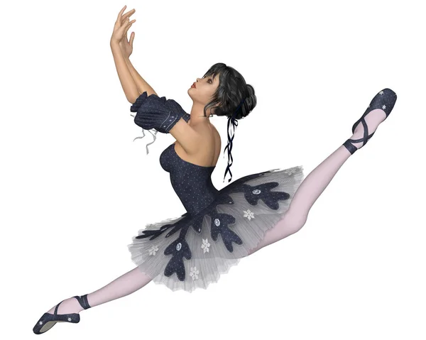 一个年轻的黑发芭蕾舞演员穿着深蓝色雪花短裙表演一个盛大的 Jete 数字渲染插图的插图的插图 — 图库照片