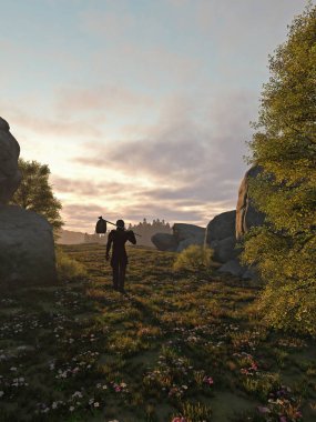 Dijital olarak kırsal manzara, 3d uzun bir yolculuğa çıkmadan bir gezgin Illustration fantezi illüstrasyon render