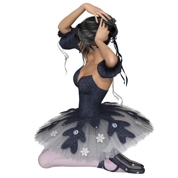 Illustration Ung Mörkhårig Ballerina Bär Mörk Blå Snowflake Tutu Knästående — Stockfoto