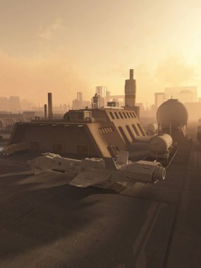 Gelecek şehir Uzayalanı sisli sis veya smog, 3d dijital olarak işlenmiş illüstrasyon, yakıt ikmali bir uzay bilim kurgu çizimi