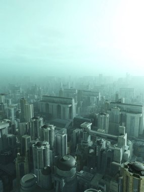 Science fiction illustration of a futuristic science fiction city skyline in a blue misty haze or smog, 3d digitally rendered illustration clipart