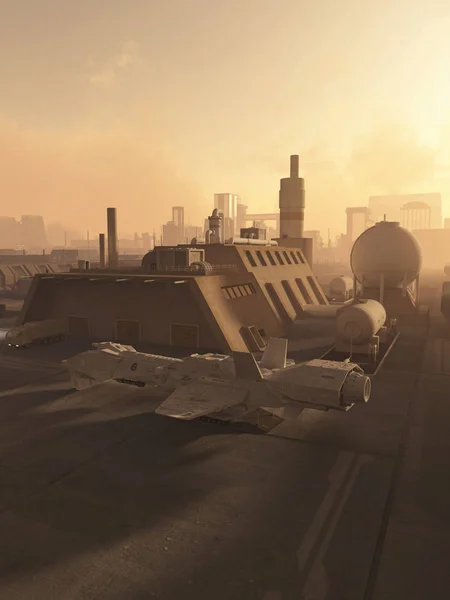 霧もややスモッグ レンダリングされたデジタル イラストレーションで未来都市の宇宙基地で補給宇宙船の空想科学小説イラスト — ストック写真