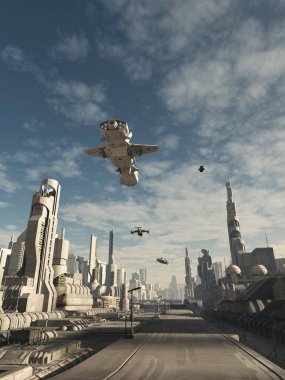 Bilim kurgu illüstrasyon gelecekteki bir şehir, 3d sokaklarında dijital olarak uçan uzay gemisi trafik çizim render