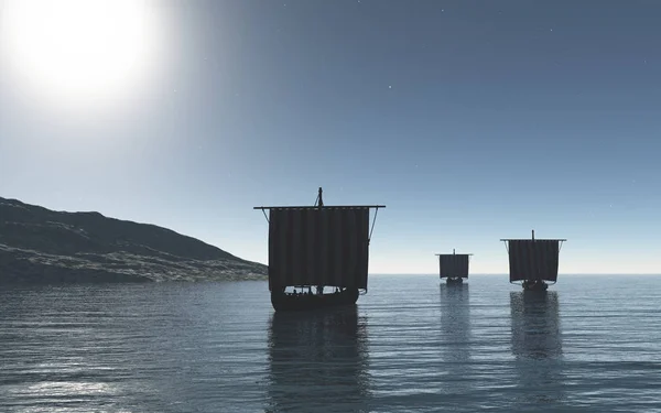 Viking Longships Nadert Een Kalme Zee Het Maanlicht Digitaal Gerenderde — Stockfoto