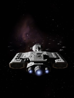 Tek kişilik avcı uzay aracı bir eskort ile derin bir uzay savaş kruvazör Bilim kurgu illüstrasyon, 3d dijital olarak işlenmiş illüstrasyon