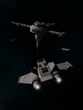 Science fiction illustration of single seater fighter spaceships approaching a deep space spacestation, 3d digitally rendered illustration clipart